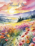 Watercolor landscape 'Thank You' greeting card featuring a vibrant sunset over a wildflower meadow, perfect for expressing heartfelt gratitude.