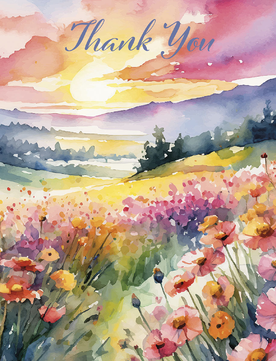 Watercolor landscape 'Thank You' greeting card featuring a vibrant sunset over a wildflower meadow, perfect for expressing heartfelt gratitude.