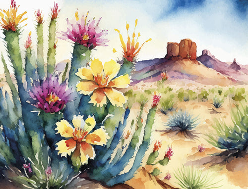 Vibrant watercolor art greeting card featuring blooming desert cacti with yellow and pink flowers, set against a backdrop of mesas and a clear blue sky. SEO: premium watercolor desert landscape card, blooming cactus art print, southwest nature stationery.