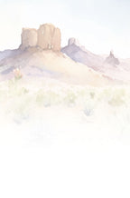 Soft, faded watercolor background of a serene desert landscape with mesas, light blue sky, and faint flora, perfect for overlaying text on a versatile greeting card.