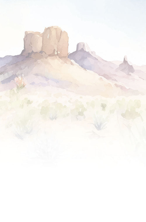 Muted watercolor desert landscape background, showing distant mesas and soft greenery under a light sky, ideal for a greeting card interior or envelope liner. SEO: serene desert scene background, subtle watercolor landscape, blank card design element.