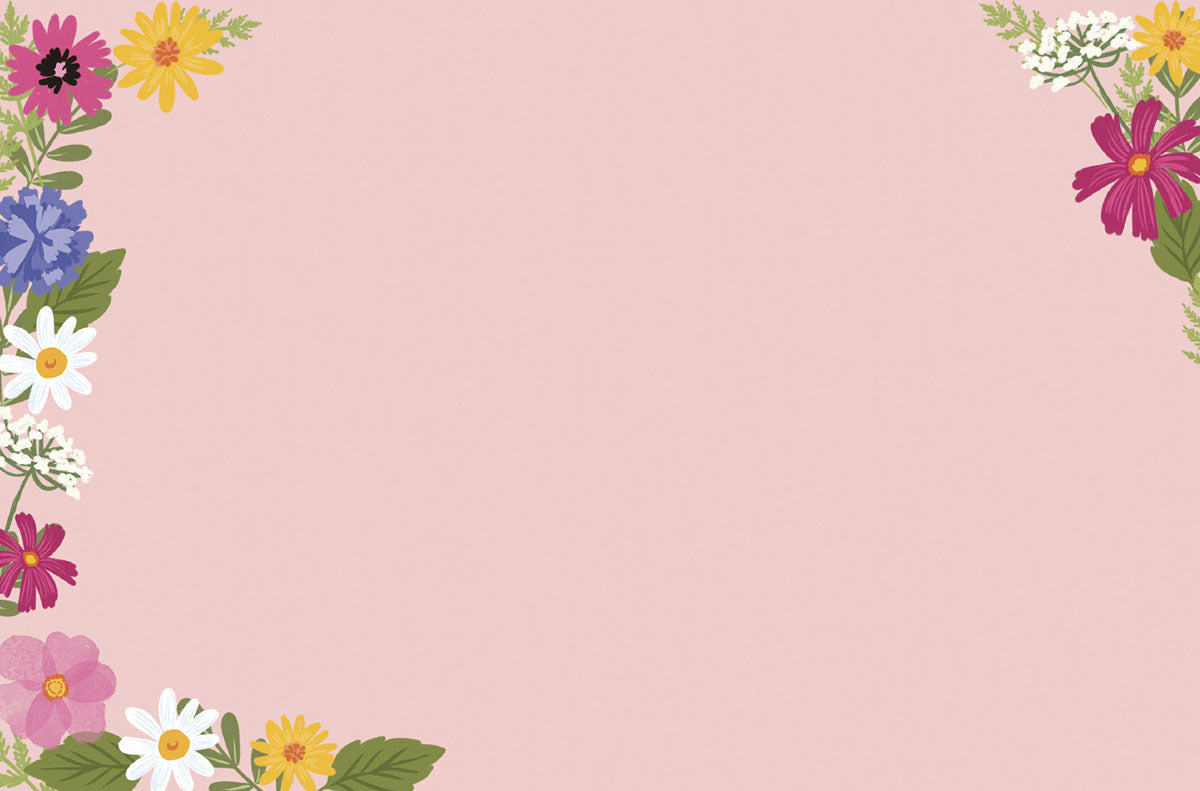 Soft pink background with elegant borders of assorted colorful wildflowers and green leaves, ideal for custom messages inside a greeting card.