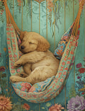 Adorable golden retriever puppy dreaming in a vibrant floral hammock, surrounded by boho-chic botanicals and blooming flowers, perfect for a heartwarming greeting card.