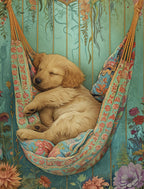 Adorable golden retriever puppy dreaming in a vibrant floral hammock, surrounded by boho-chic botanicals and blooming flowers, perfect for a heartwarming greeting card.