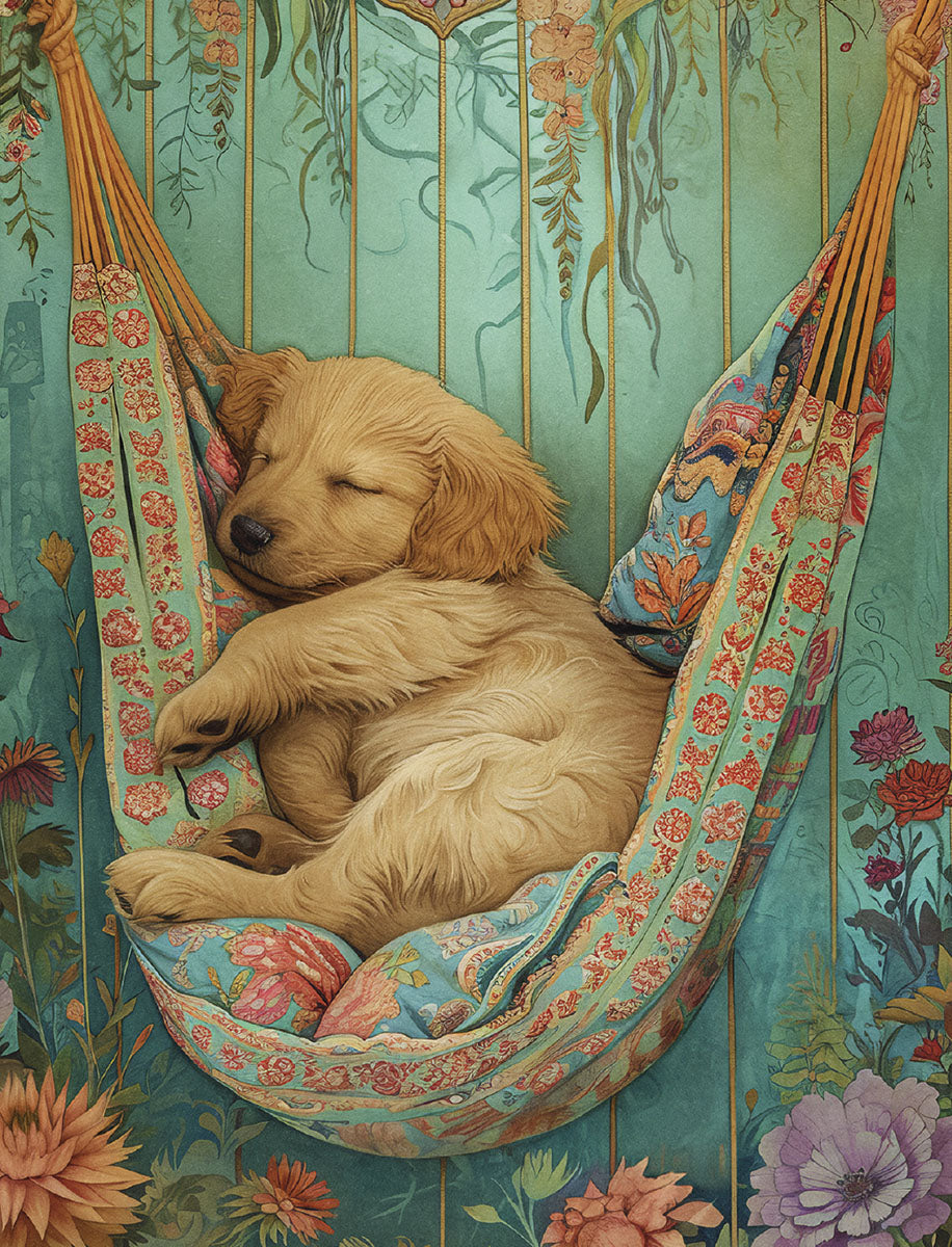 Adorable golden retriever puppy dreaming in a vibrant floral hammock, surrounded by boho-chic botanicals and blooming flowers, perfect for a heartwarming greeting card.