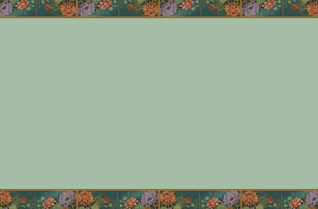 Blank sage green greeting card background with ornate floral borders at the top and bottom, featuring orange, purple, and green botanical designs. Ideal for custom messages.