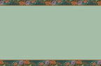 Blank sage green greeting card background with ornate floral borders at the top and bottom, featuring orange, purple, and green botanical designs. Ideal for custom messages.
