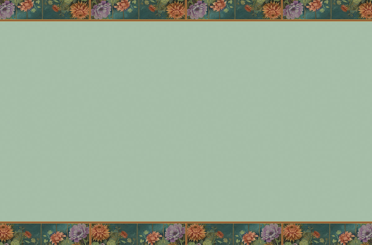 Blank sage green greeting card background with ornate floral borders at the top and bottom, featuring orange, purple, and green botanical designs. Ideal for custom messages.