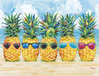 Five whimsical watercolor pineapples wearing different colored sunglasses, lined up on a sandy beach with a blue ocean and sky in the background. Each pineapple has a distinct expression.