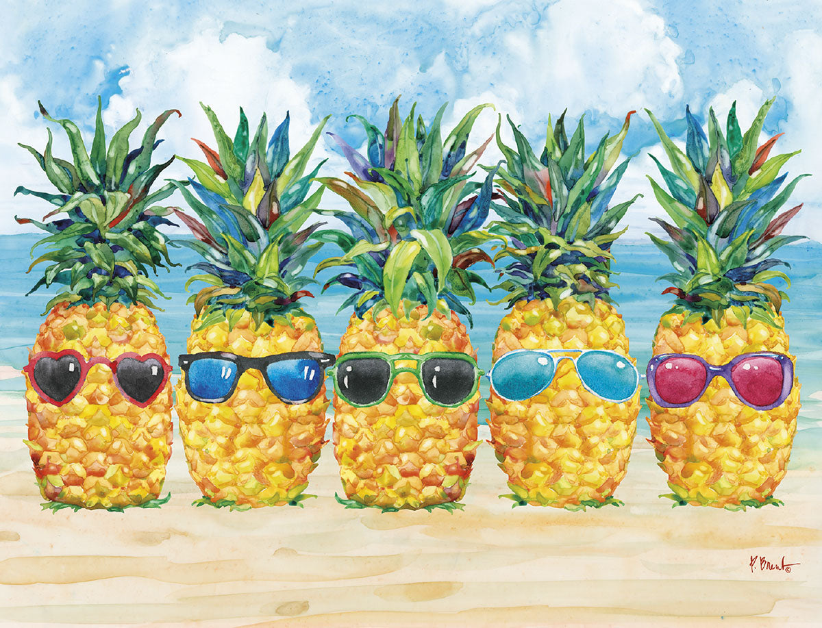 Five whimsical watercolor pineapples wearing different colored sunglasses, lined up on a sandy beach with a blue ocean and sky in the background. Each pineapple has a distinct expression.