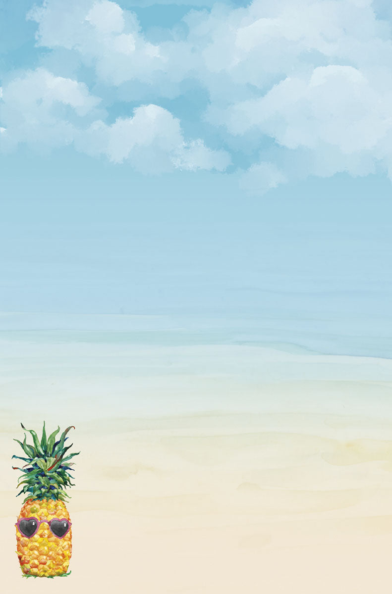 A single, cheerful watercolor pineapple wearing pink sunglasses, standing on a vast sandy beach with a light blue sky and calm ocean horizon, providing ample clear space for text.