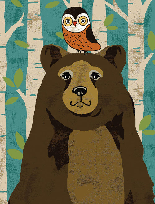 A charming greeting card design featuring a friendly brown bear with a small orange owl perched on its head, set against a light blue background with white birch trees and green leaves. The illustration has a textured, folk art style.