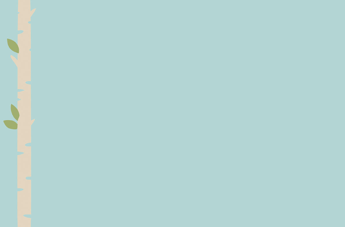 SEO-optimized alt text: Close-up of a plain light blue background with a partial birch tree trunk and green leaves on the left, offering a clean and minimalist design ideal for the interior of a greeting card or a serene backdrop for text.