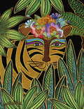 Close-up of a majestic tiger's face peeking through dense, stylized green jungle leaves, adorned with a vibrant floral crown of purple, pink, and orange blooms. The tiger has striking blue eyes and a calm, wise expression, set against a dark background with golden accents.