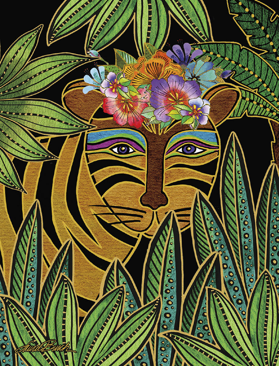 Close-up of a majestic tiger's face peeking through dense, stylized green jungle leaves, adorned with a vibrant floral crown of purple, pink, and orange blooms. The tiger has striking blue eyes and a calm, wise expression, set against a dark background with golden accents.