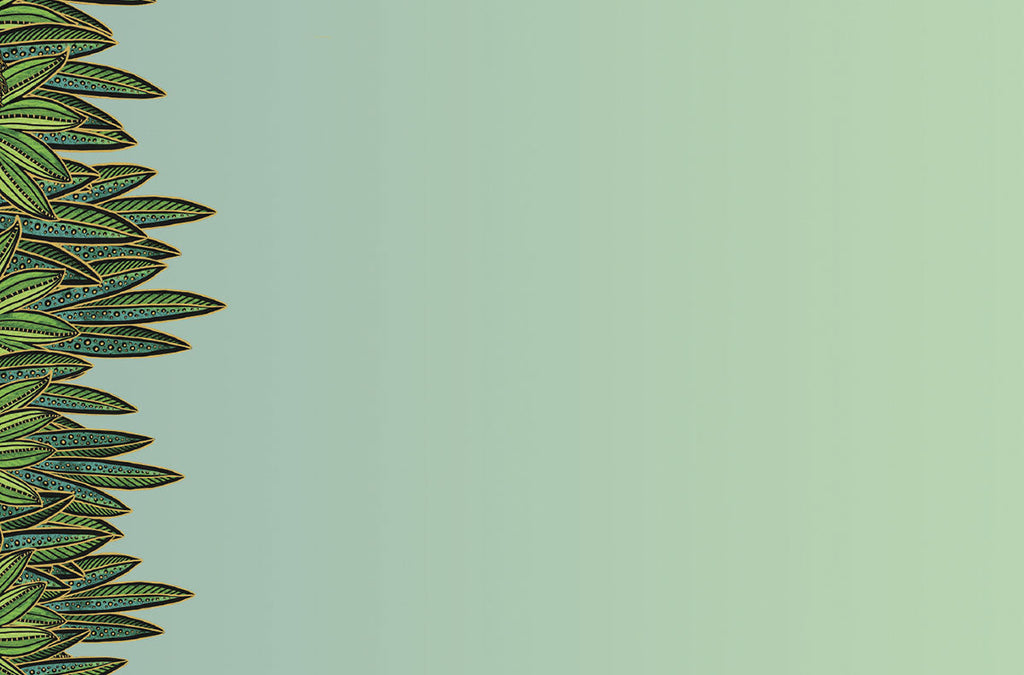Light sage green background with a decorative vertical border on the left side, featuring a pattern of stylized green leaves with intricate golden and teal details, creating a lush jungle foliage effect.