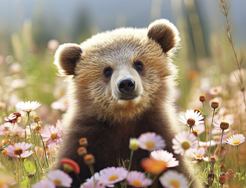 Adorable brown bear cub sits in a vibrant meadow of pink and white wildflowers, perfect for a child's greeting card.
