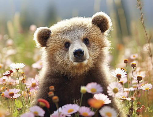 Close-up of an adorable brown bear cub with big eyes sitting among pink and white wildflowers in a sunny meadow, perfect for heartwarming greeting cards.