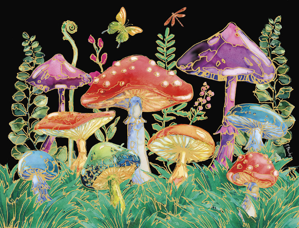 Vibrant watercolor illustration of an enchanted forest scene featuring various colorful mushrooms in red, purple, blue, green, and orange with delicate gold outlines, surrounded by lush green foliage, a yellow butterfly, and a dragonfly, all on a dark background. Ideal for a unique greeting card.