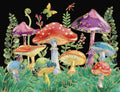 Vibrant watercolor illustration of an enchanted forest scene featuring various colorful mushrooms in red, purple, blue, green, and orange with delicate gold outlines, surrounded by lush green foliage, a yellow butterfly, and a dragonfly, all on a dark background. Ideal for a unique greeting card.