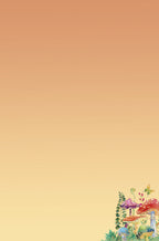 Soft gradient background from light orange to pale yellow, with a small whimsical section of the colorful mushroom and foliage illustration visible in the bottom right corner. Perfect for a greeting card back or interior design.