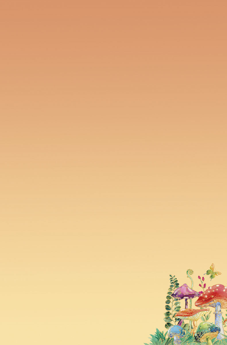 Soft gradient background from light orange to pale yellow, with a small whimsical section of the colorful mushroom and foliage illustration visible in the bottom right corner. Perfect for a greeting card back or interior design.