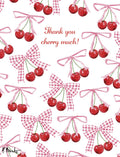 Watercolor cherry thank you card set featuring a 'Thank you cherry much!' pun, vibrant red cherries, and charming pink gingham bows on a white background. Perfect for showing appreciation to anyone.