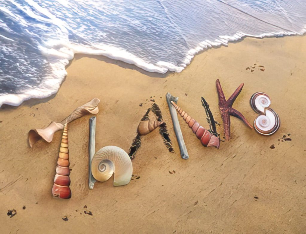 Premium greeting card set featuring 'THANKS' spelled out with natural seashells, a starfish, and beach elements on a sandy shore with gentle ocean waves. Perfect for expressing heartfelt gratitude.
