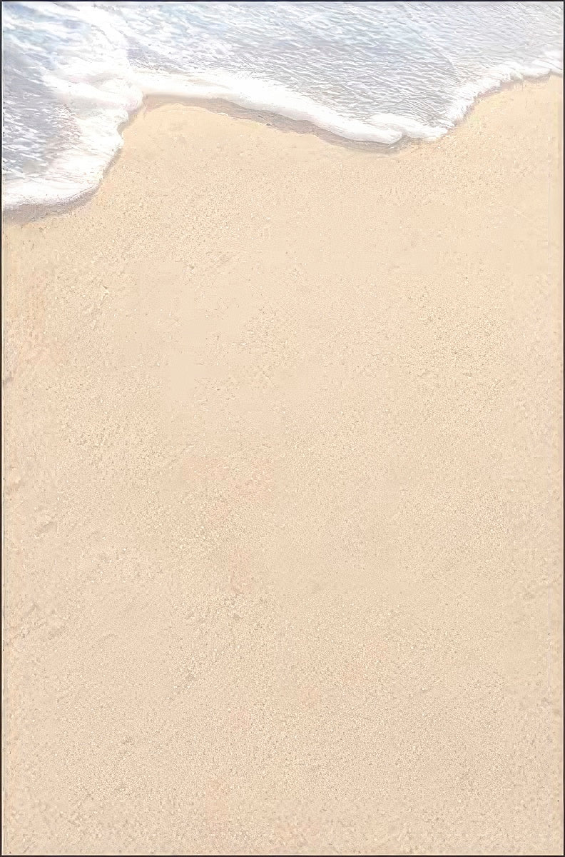 Close-up of a pristine sandy beach with subtle texture and soft ocean waves, representing a serene backdrop for heartfelt messages.