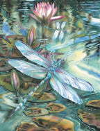 Vibrant watercolor painting of a striking blue dragonfly with iridescent wings gracefully poised above a serene pond with lush lily pads and a blooming pink water lily, depicting nature's beauty and tranquility.