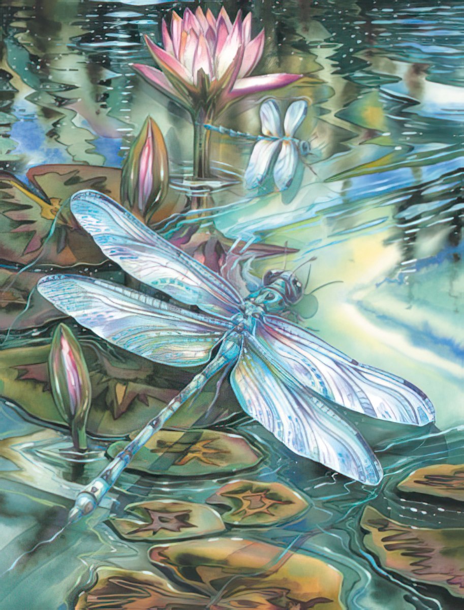 Vibrant watercolor painting of a striking blue dragonfly with iridescent wings gracefully poised above a serene pond with lush lily pads and a blooming pink water lily, depicting nature's beauty and tranquility.