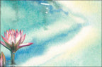 Artistic watercolor background featuring a delicate pink water lily bud and leaves emerging from tranquil turquoise and soft yellow waters, perfect for heartfelt messages or inspiring notes.