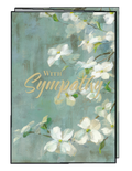 Front view of a heartfelt greeting card, featuring delicate white dogwood blossoms on a serene teal painterly background, with 'With Sympathy' elegantly scripted in gold.