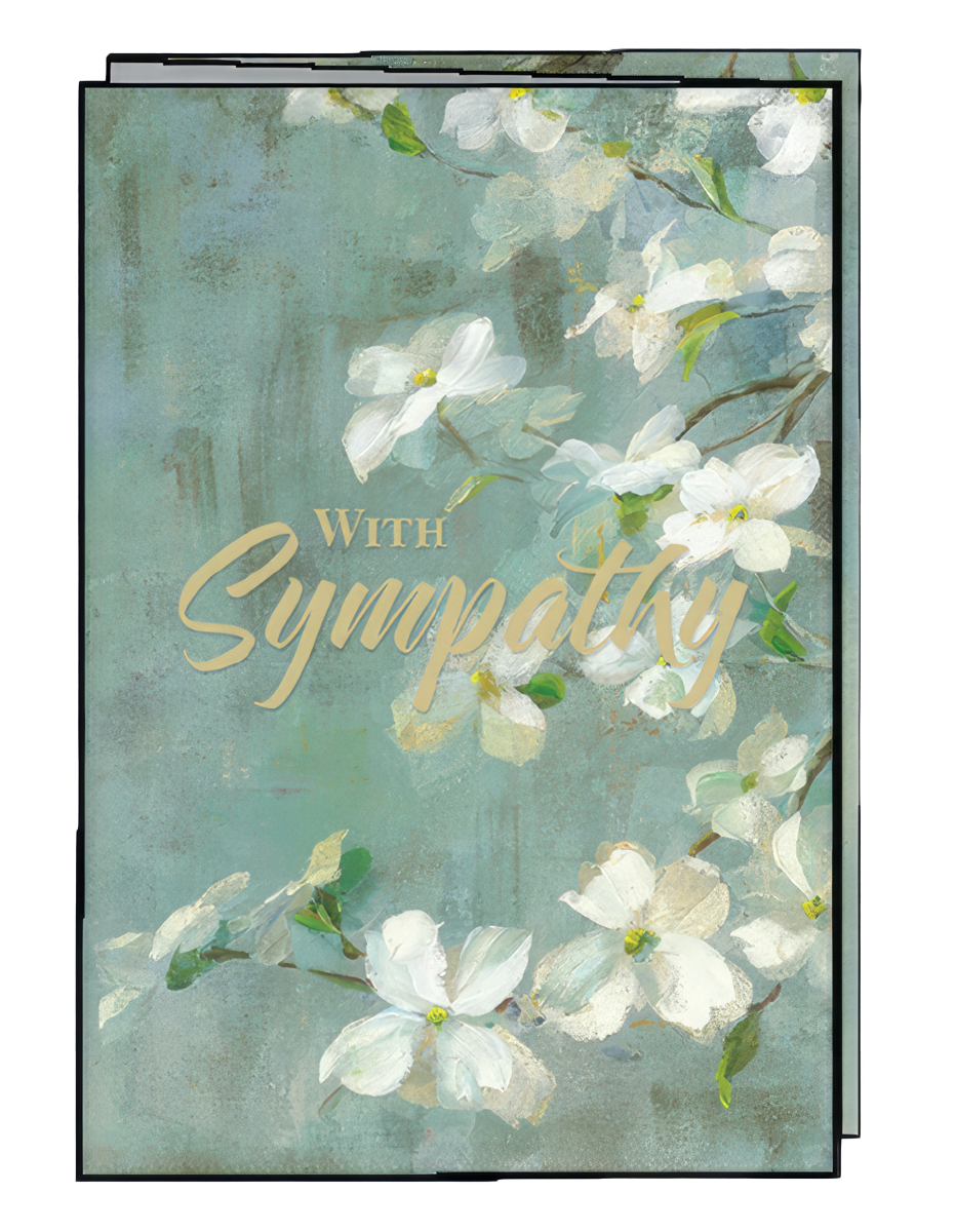 Front view of a heartfelt greeting card, featuring delicate white dogwood blossoms on a serene teal painterly background, with 'With Sympathy' elegantly scripted in gold.