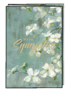 Front view of a heartfelt greeting card, featuring delicate white dogwood blossoms on a serene teal painterly background, with 'With Sympathy' elegantly scripted in gold.