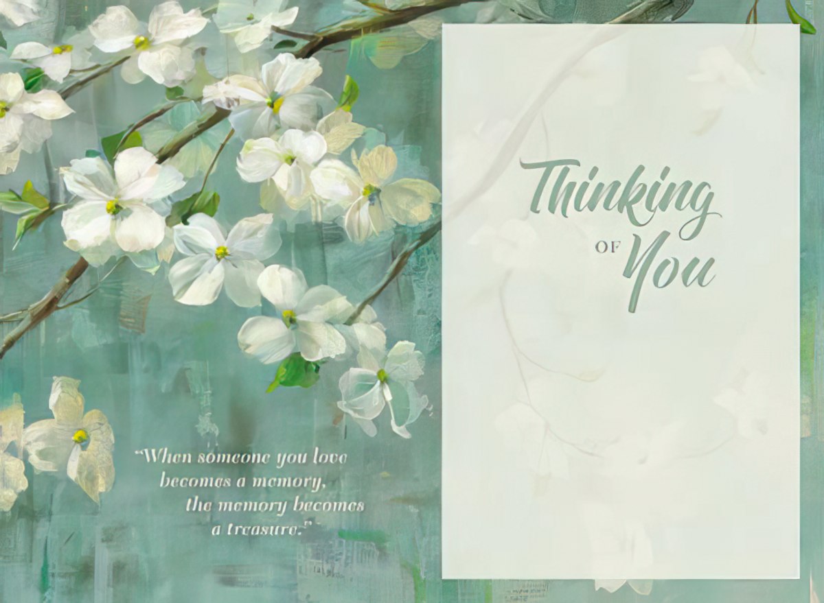 Open view of a comforting greeting card interior, showing graceful dogwood branches, the message 'Thinking of You', and a touching quote: 'When someone you love becomes a memory, the memory becomes a treasure.'