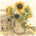 Watercolor painting featuring vibrant yellow sunflowers in a rustic pitcher with multiple American Goldfinch birds, a woven basket, and a quilted pattern tablecloth, ideal for a decorative coaster.