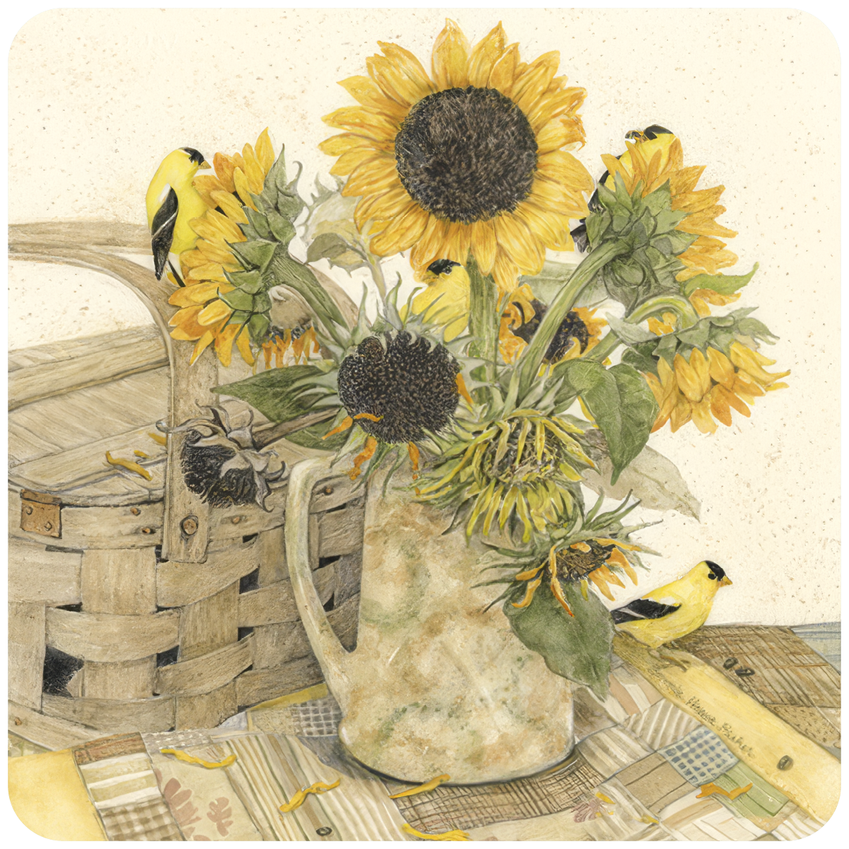 Watercolor painting featuring vibrant yellow sunflowers in a rustic pitcher with multiple American Goldfinch birds, a woven basket, and a quilted pattern tablecloth, ideal for a decorative coaster.