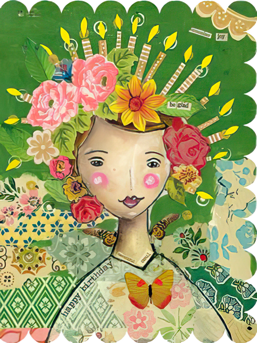 Whimsical greeting card featuring a female figure with a vibrant floral and candle crown, collage art style, perfect for celebrating her special day.