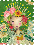 Whimsical greeting card featuring a female figure with a vibrant floral and candle crown, collage art style, perfect for celebrating her special day.