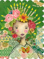 Whimsical greeting card featuring a female figure with a vibrant floral and candle crown, collage art style, perfect for celebrating her special day.