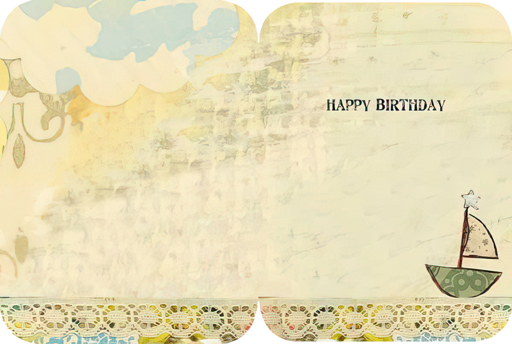 Inside of a beige and yellow vintage-style greeting card with faint textures, displaying 'HAPPY BIRTHDAY' on the right panel and a small sailboat design at the bottom.