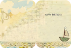 Inside of a beige and yellow vintage-style greeting card with faint textures, displaying 'HAPPY BIRTHDAY' on the right panel and a small sailboat design at the bottom.