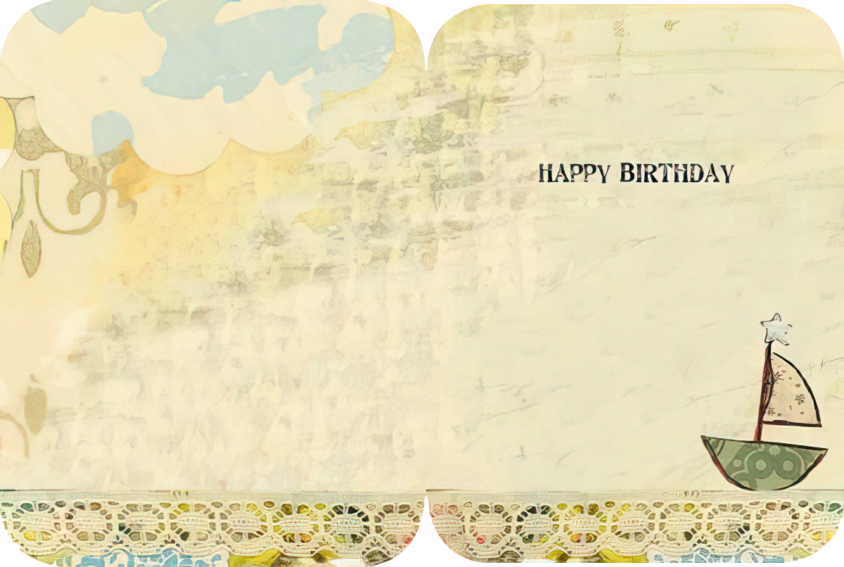 Inside of a beige and yellow vintage-style greeting card with faint textures, displaying 'HAPPY BIRTHDAY' on the right panel and a small sailboat design at the bottom.