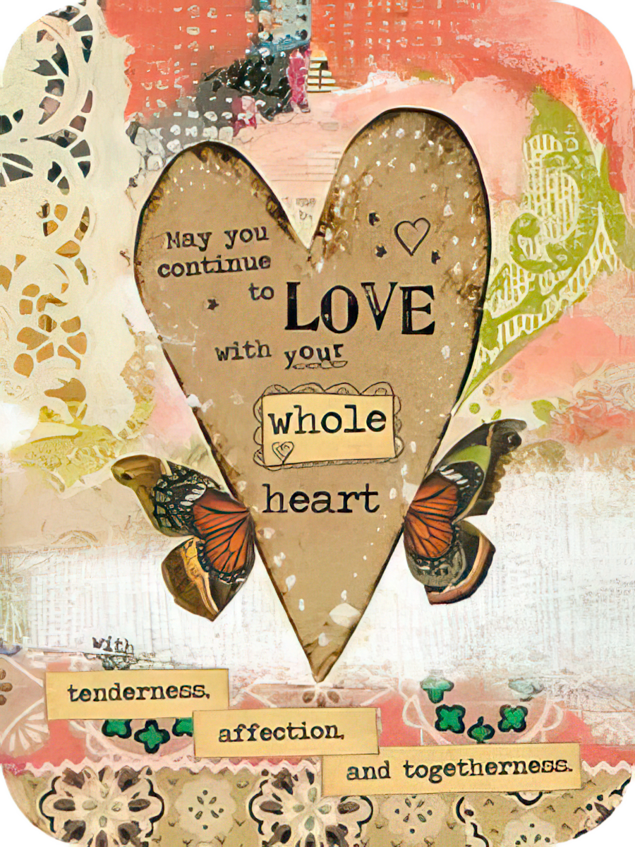 Front of a rustic marriage greeting card with a large heart design, butterflies, and text "May you continue to LOVE with your whole heart".