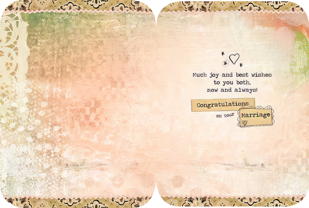 Interior of a congratulatory marriage card with warm wishes, 'Much joy and best wishes to you both, now and always! Congratulations on your Marriage,' on a delicate patterned background.