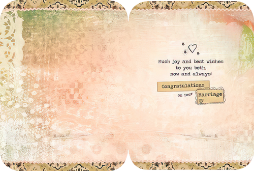 Interior of a congratulatory marriage card with warm wishes, 'Much joy and best wishes to you both, now and always! Congratulations on your Marriage,' on a delicate patterned background.
