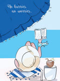 Greeting card featuring a person relaxing under a blue beach umbrella, reading a book with a coconut drink, illustrating a 'no hurries, no worries' relaxed vibe for a special celebration.