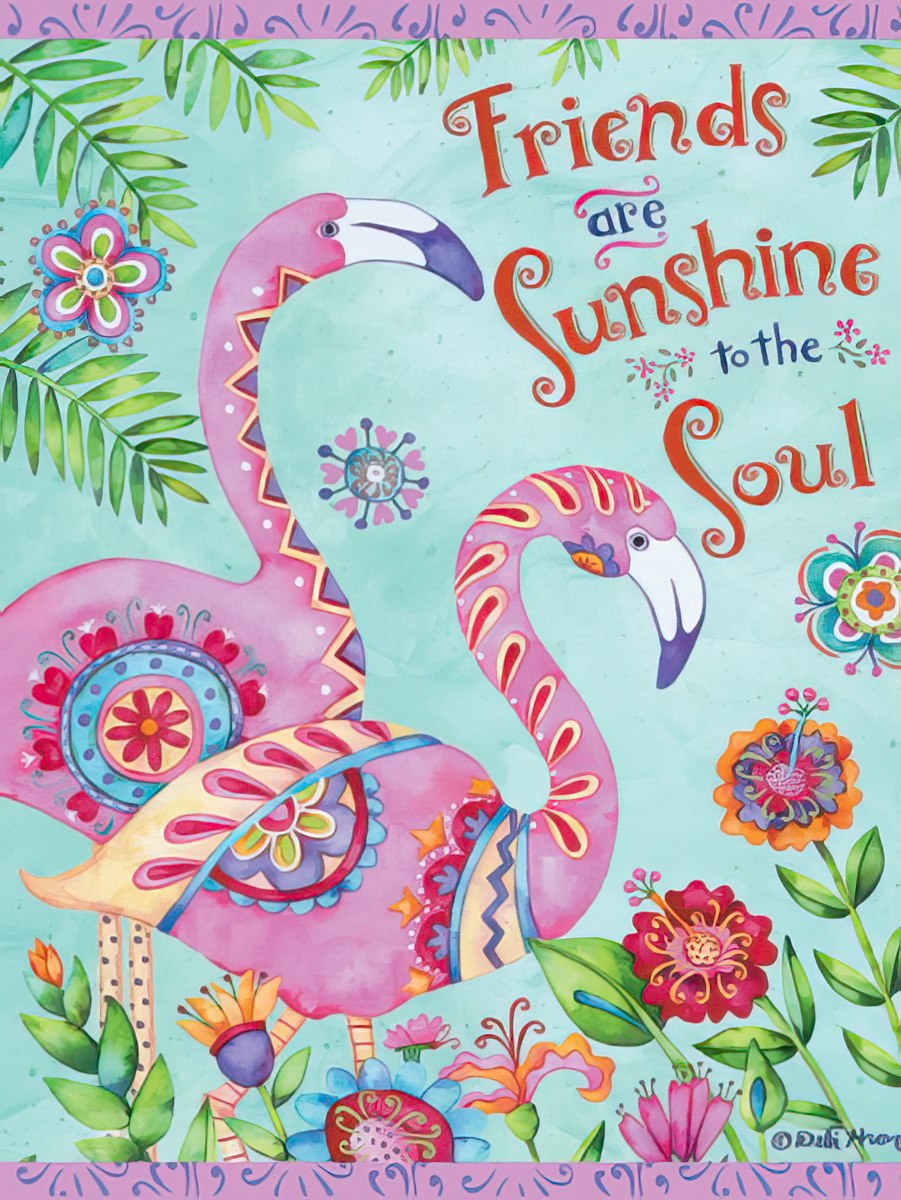 Vibrant greeting card for friends featuring two ornate pink flamingos, colorful flowers, green leaves, and the message 'Friends are sunshine to the Soul' on a teal background.
