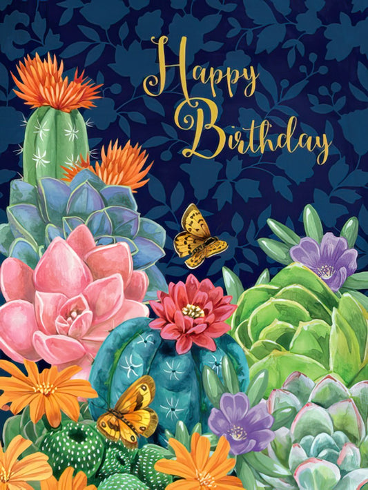 Vibrant birthday card front with colorful succulents, cacti, and butterflies on a navy background, 'Happy Birthday' in gold script.